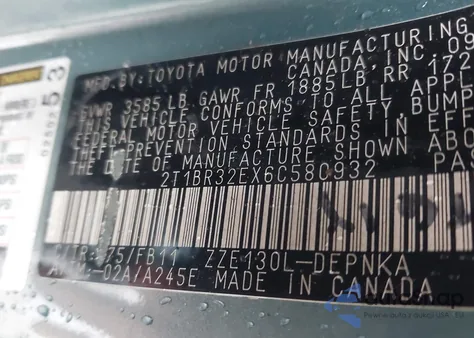 2006 Toyota Corolla Le z USA, uszkodzony, nr VIN 2T1BR32EX6C580932